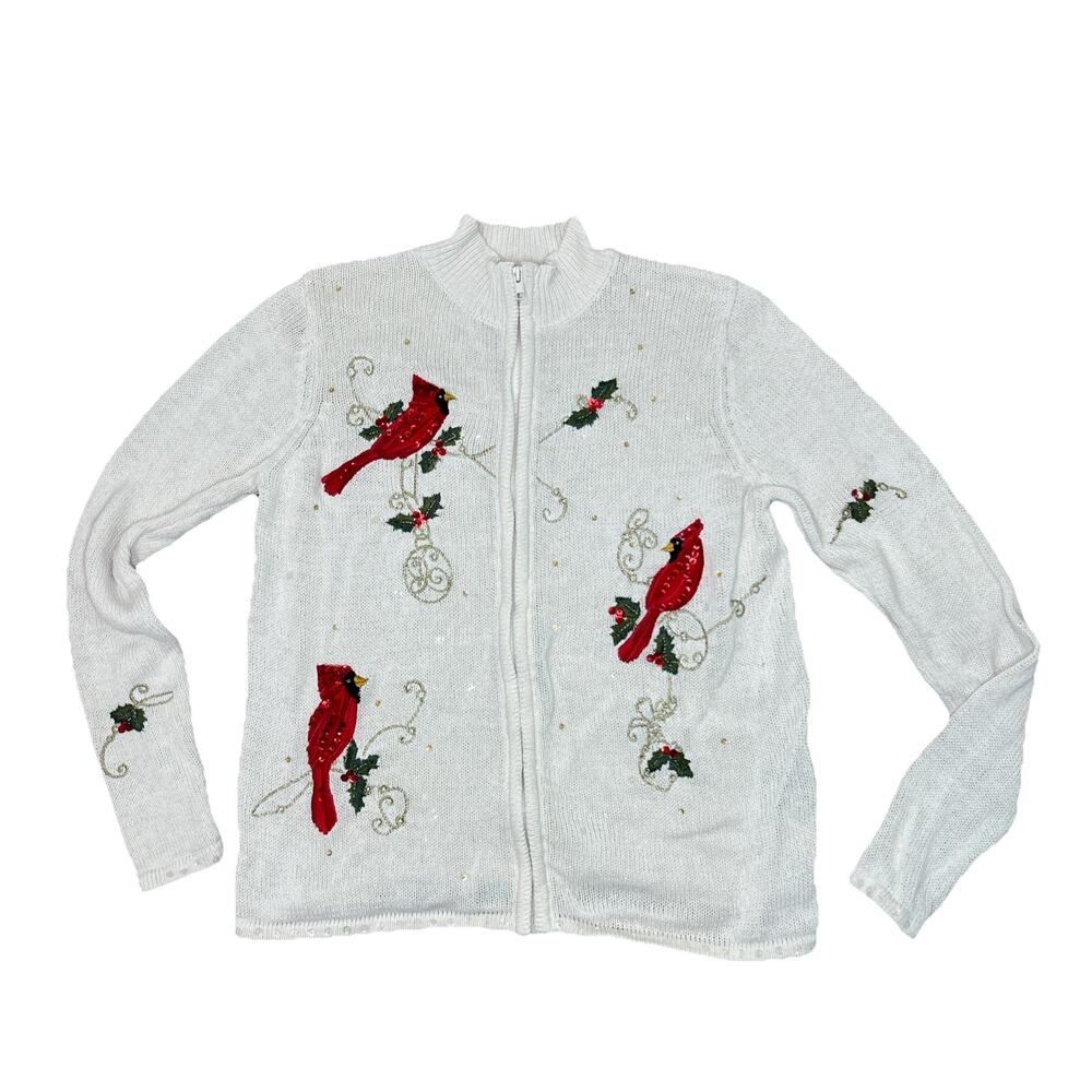 Vintage Tiara International Women M Red Cardinal Holly Cardigan Sweater 90s